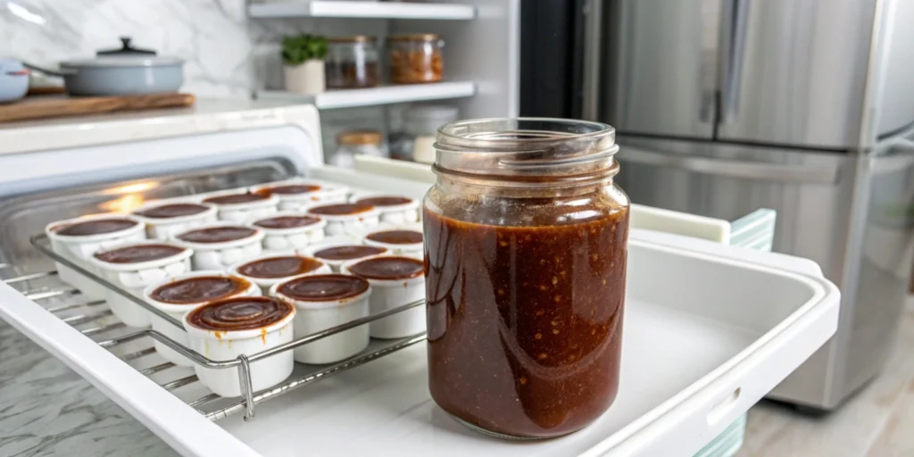 Homemade Korean BBQ sauce stored in a glass jar in the fridge, with neatly organized kitchen items in the background.