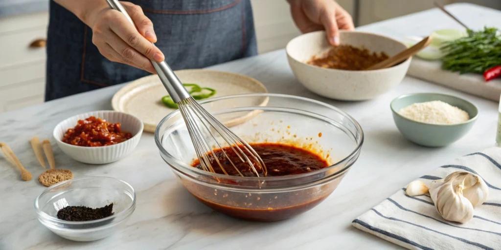 Whisking the ingredients for homemade Korean BBQ sauce in a glass mixing bowl on a white marble countertop in a well-planned kitchen.