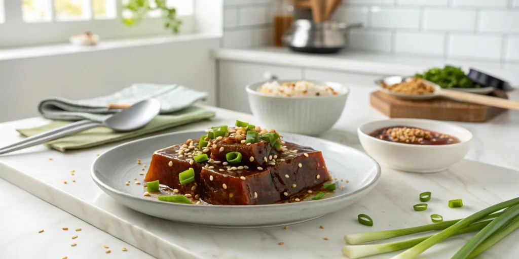 Sliced Korean Acorn Jelly drizzled with seasoning sauce and garnished with sesame seeds and green onions on a white marble countertop.