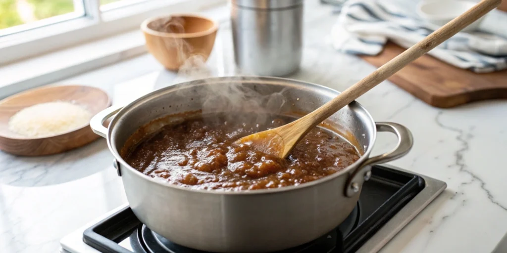 A pot on a stove with a wooden spoon stirring the thickening acorn jelly mixture.