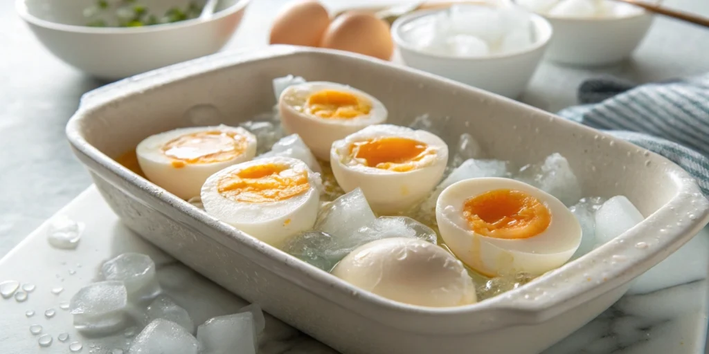 Soft-boiled eggs cooling in an ice bath on a white marble countertop, ready for peeling.