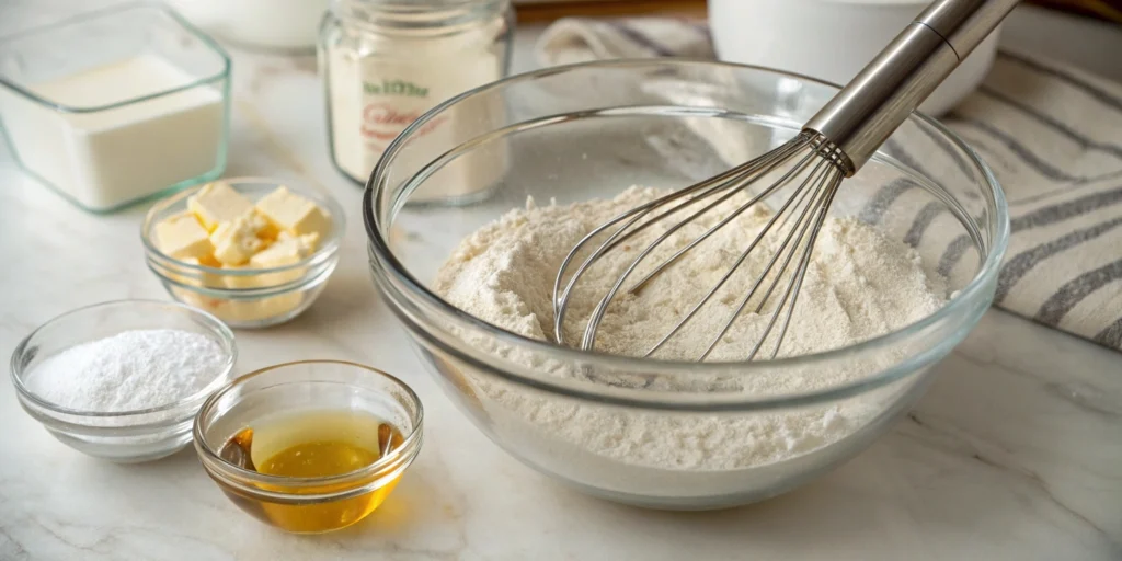 Mixing dry ingredients for air fryer doughnuts in a glass bowl with measured wet ingredients beside it on a marble countertop.
