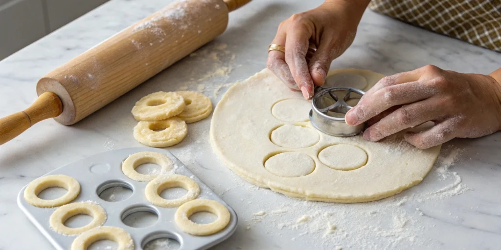 Cutting doughnut shapes from rolled dough on a floured marble countertop using a doughnut cutter.