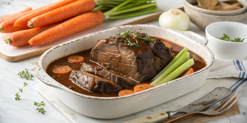 Enjoy a natural, hearty slow cooker pot roast with gravy, cooked to perfection in just 3 hours using your slow cooker. Ideal for a comforting family meal.