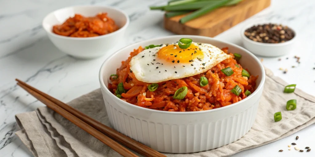 Make a balanced kimchi fried rice in just 5 minutes! Packed with bold flavors, perfect for a quick and satisfying meal.