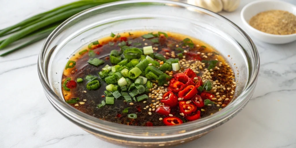 Freshly prepared marinade for Mayak Eggs with soy sauce, green onions, garlic, chili peppers, and sesame seeds in a glass bowl.