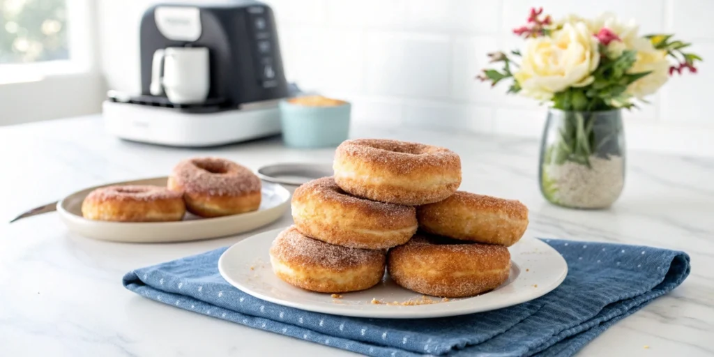Golden-brown air fryer doughnuts coated in cinnamon sugar on a white plate with a modern kitchen background.