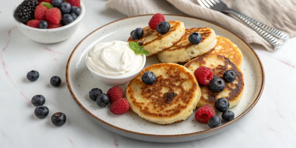 Syrniki pancakes topped with maple syrup, fresh berries, and Greek yogurt, served on a white marble countertop.