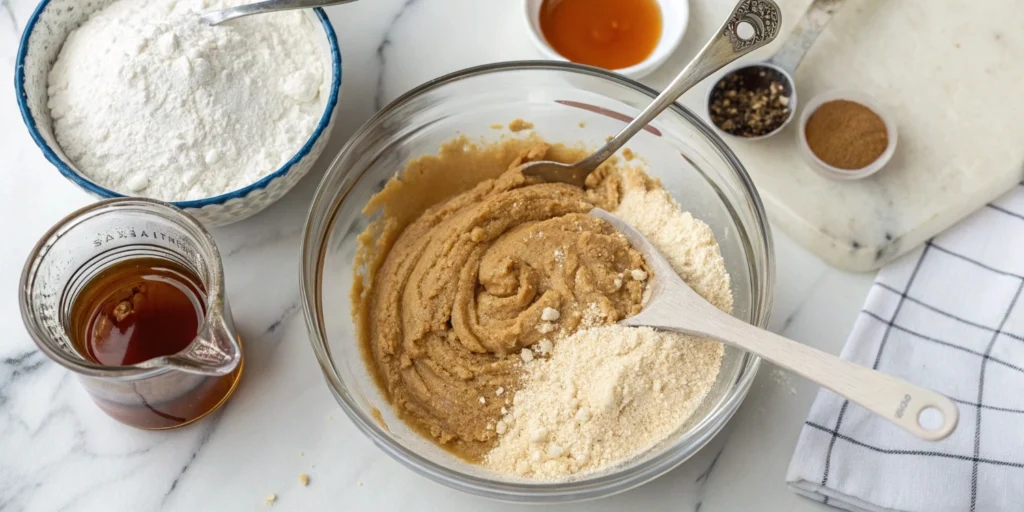 A bowl with peanut butter, maple syrup, almond flour, and vanilla extract being mixed, placed on a white marble countertop with measuring cups and spoons.