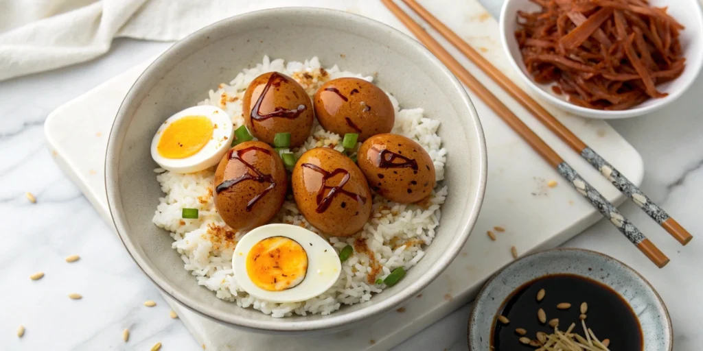 Mayak Eggs served over steamed rice, garnished with marinade, placed on a white marble countertop with chopsticks and a side dish of kimchi.