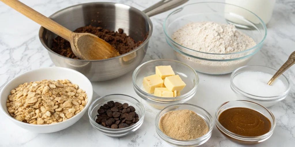 Ingredients for classic no-bake peanut butter cookies, including a saucepan with a wooden spoon, on a white marble countertop.