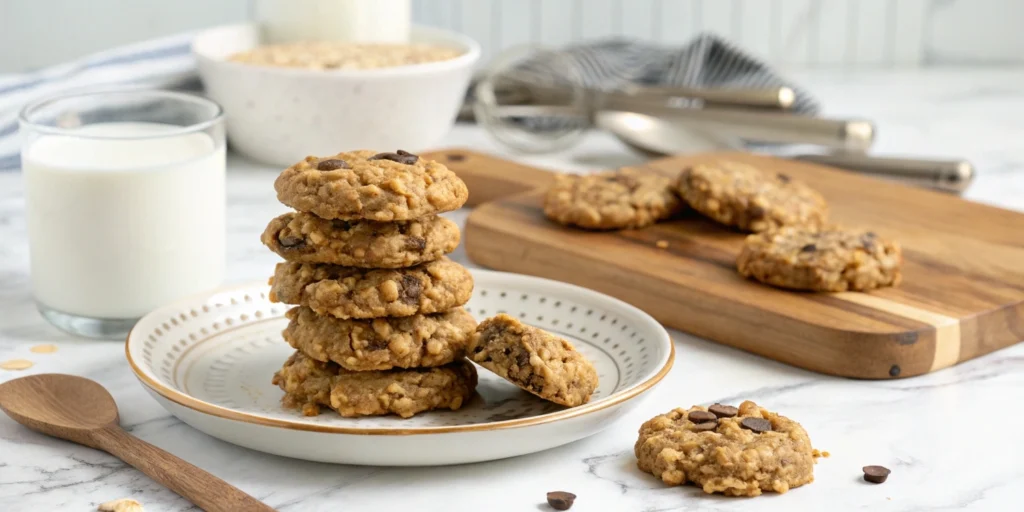 No-bake peanut butter oatmeal cookies stacked on a plate with a cup of milk in the background, on a white marble countertop.