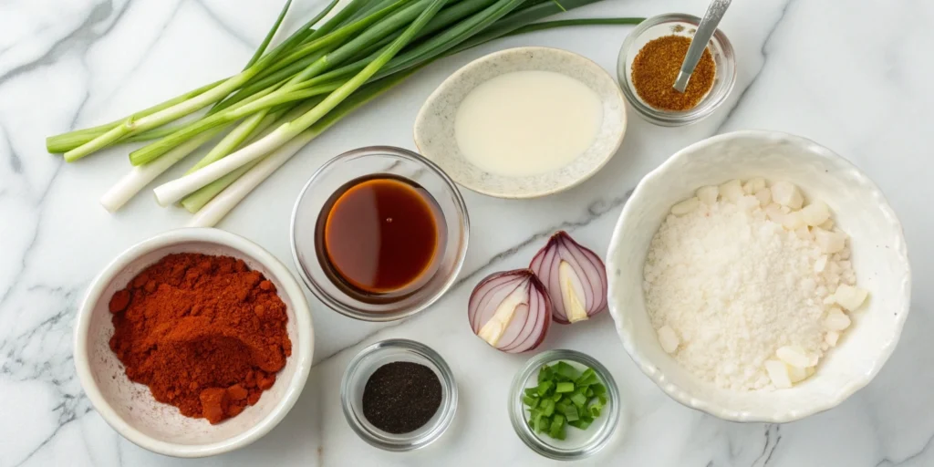 Ingredients for Korean Acorn Jelly neatly arranged on a white marble countertop.