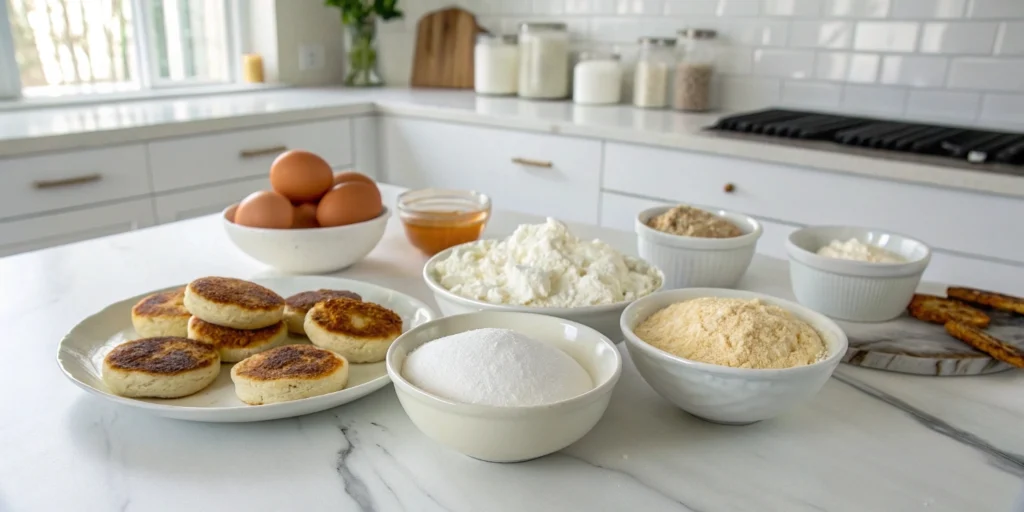 Five ingredients for syrniki: low-fat cottage cheese, oat flour, an egg, erythritol, and baking powder, displayed on a white marble countertop.