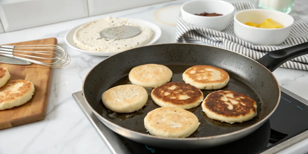Syrniki pancakes frying in a pan on a stovetop, with a golden-brown crust, in a kitchen with a white marble countertop.