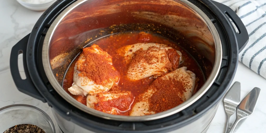 Close-up of chicken cooking in an Instant Pot, covered in salsa and seasoning, on a white marble kitchen countertop.