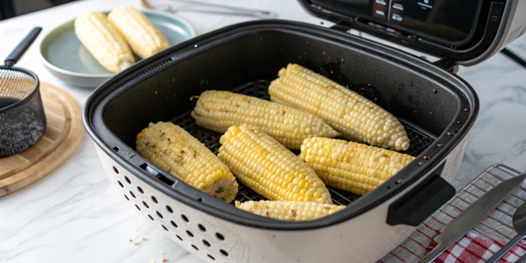 Corn on the cob cooking in an air fryer basket, starting to brown, placed on a marble countertop in a bright kitchen.