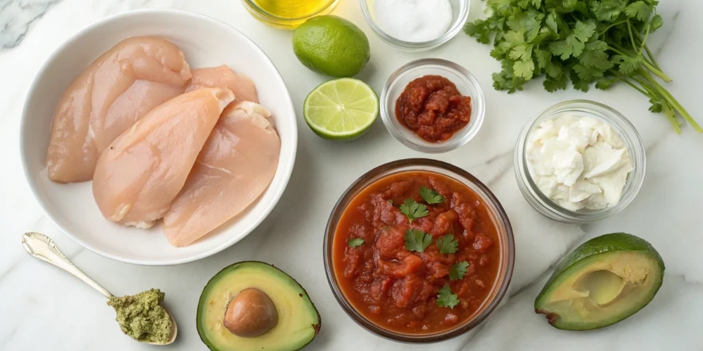 Flat-lay of raw ingredients for Instant Pot Salsa Chicken, including chicken, salsa, taco seasoning, broth, avocado, and lime on a marble countertop.