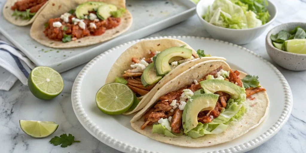 Salsa chicken tacos with fresh toppings like avocado, lettuce, and cheese, served on white plates with lime wedges.