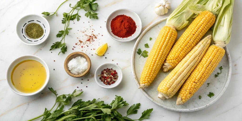 Fresh corn cobs with olive oil, butter, spices, and herbs arranged on a white marble countertop in a modern kitchen.