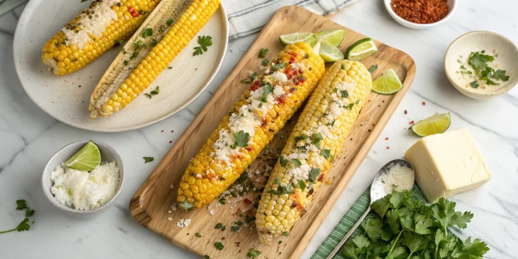 Three variations of air fryer corn on the cob with Mexican street corn, garlic parmesan, and herb butter toppings on a wooden board in a modern kitchen.