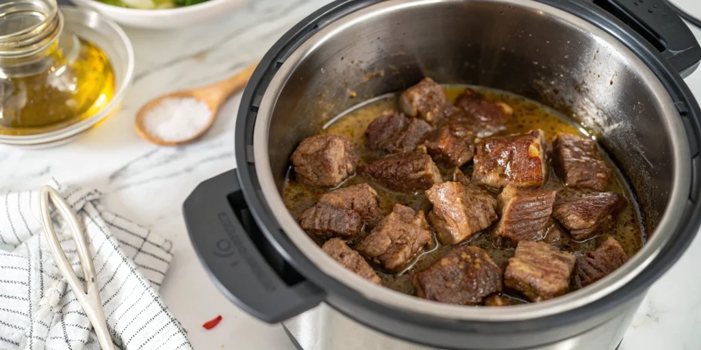 Beef chunks browning in an Instant Pot with olive oil, showcasing a rich sear.