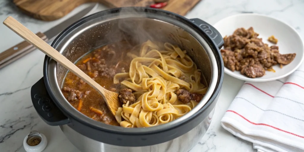Egg noodles being stirred into savory beef broth inside an Instant Pot.