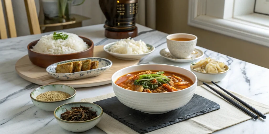 Kimchi jjigae served with rice, japchae, bulgogi, and Korean side dishes on a marble table