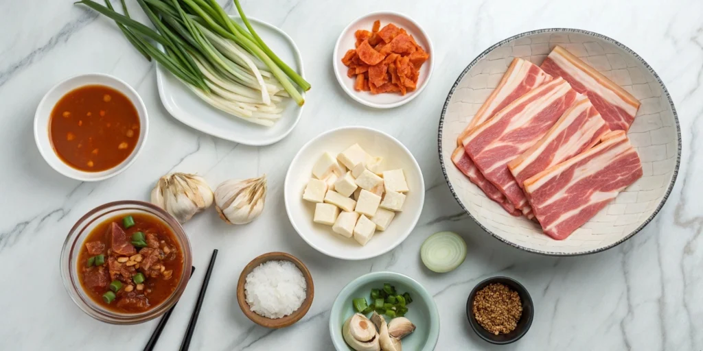 Kimchi jjigae ingredients neatly arranged on a white marble kitchen counter, ready for cooking