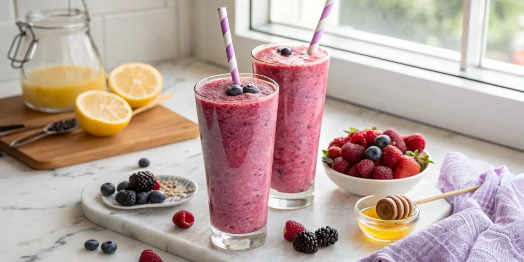 Bright pink and purple cosmic slush smoothies in clear glasses with berries and lemon on marble countertop