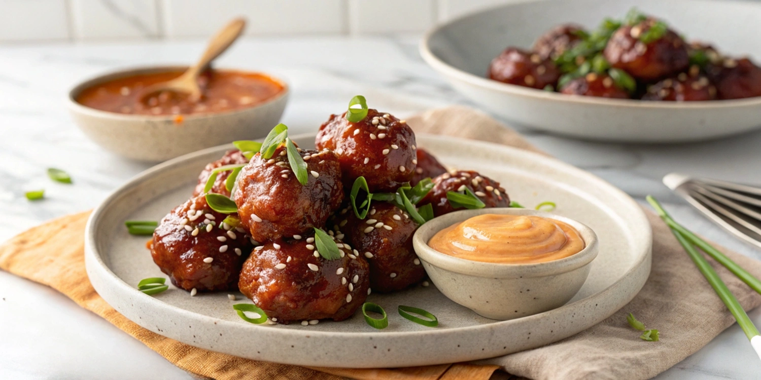 Enjoy 5 juicy Korean BBQ meatballs served with a spicy mayo dip—perfectly glazed, flavorful, and sure to be your new favorite appetizer.