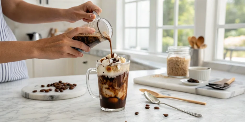 Close-up of mixing CosMc’s S’Mores Cold Brew ingredients in a glass on a white marble kitchen countertop in a modern kitchen.