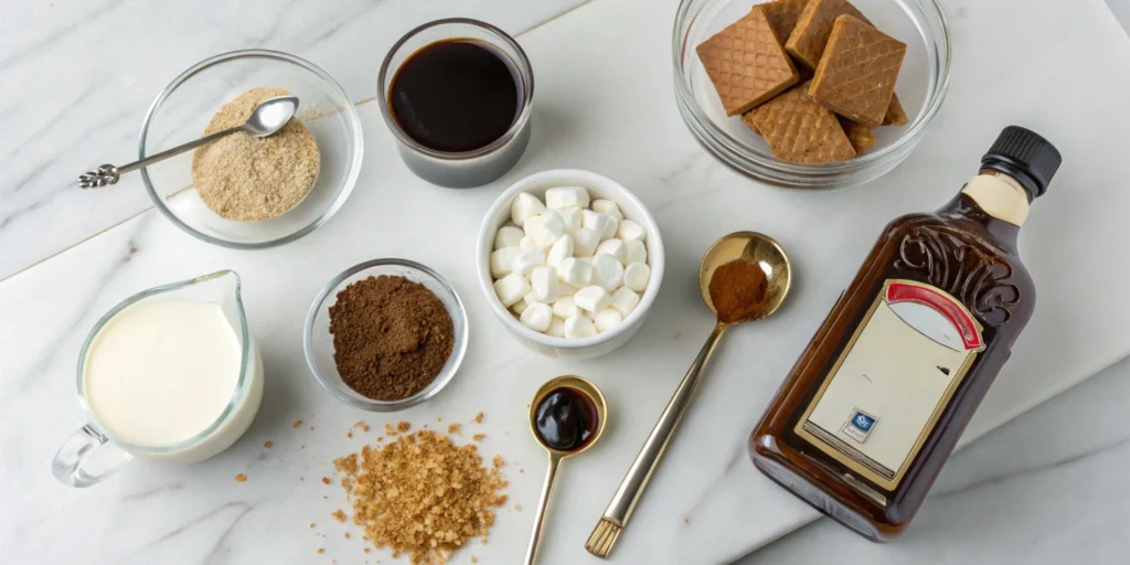 Top view of ingredients for CosMc’s S’Mores Cold Brew on a white marble countertop with measuring spoons and glassware in a stylish kitchen.