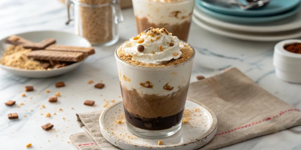 CosMc’s S’Mores Cold Brew with graham cracker rim and whipped cream topped with toffee sprinkles, presented on a white marble kitchen countertop.