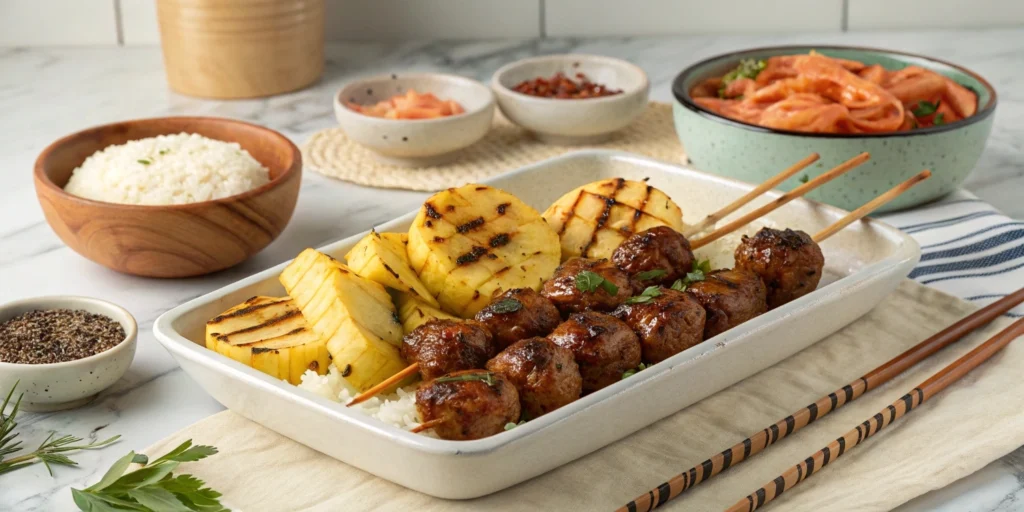 Korean BBQ meatball skewers served with grilled pineapple, rice, and kimchi on a plate in a marble countertop kitchen.