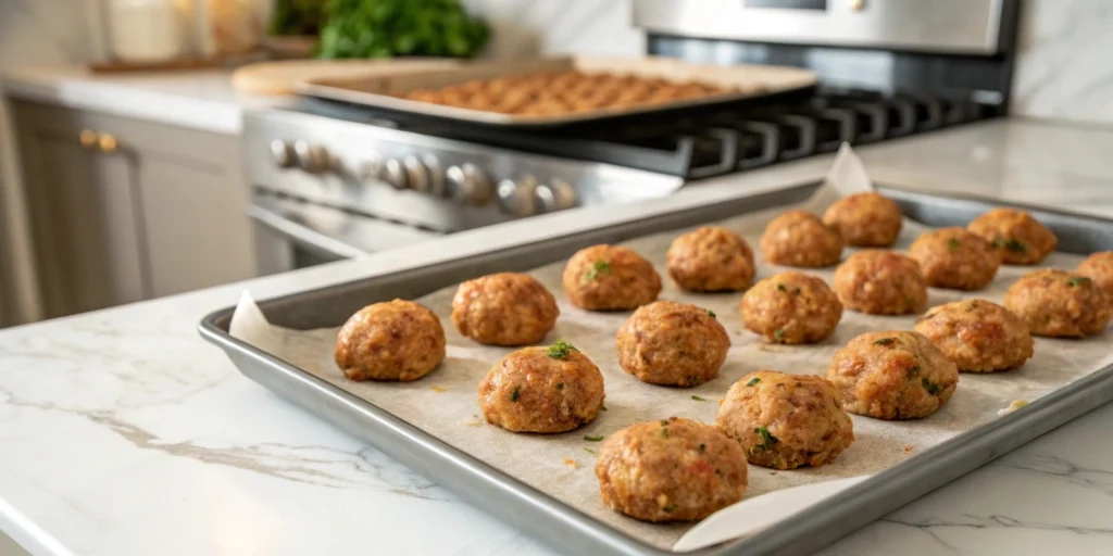 Baked Korean BBQ meatballs on a parchment-lined tray in a home kitchen with marble countertop.