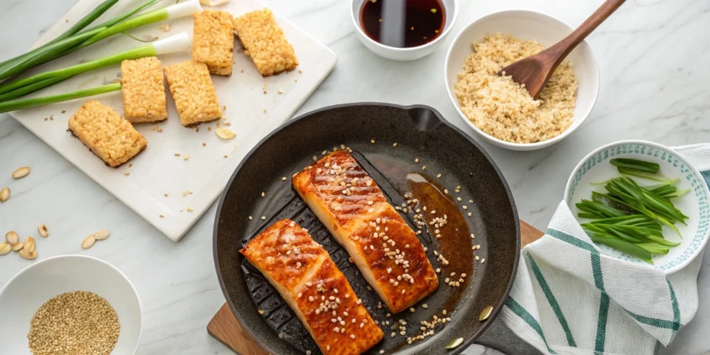 Teriyaki-glazed broiled salmon being added to crispy rice cakes in a skillet, with garnishes nearby on a marble kitchen counter.