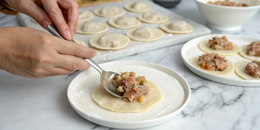 Juicy pork and gelatinous filling being spooned onto dumpling wrappers on a marble kitchen surface.