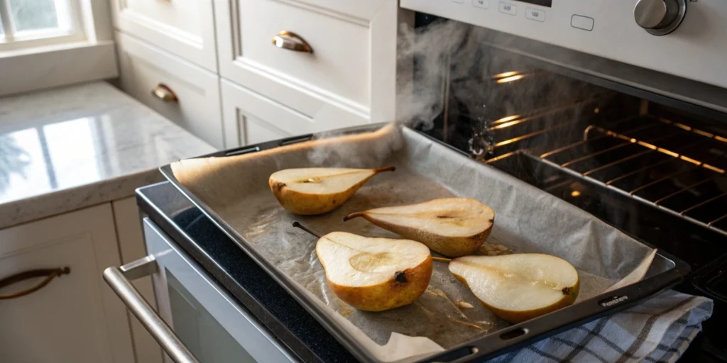 Roasting pear halves on parchment paper in a home oven for blue cheese stuffed pear recipe