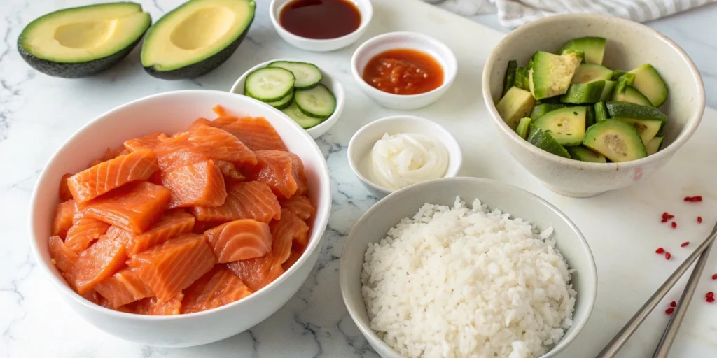 Ingredients for spicy salmon crispy rice on a marble counter: flaked salmon, sushi rice, cucumber, avocado, and spicy sauce components.