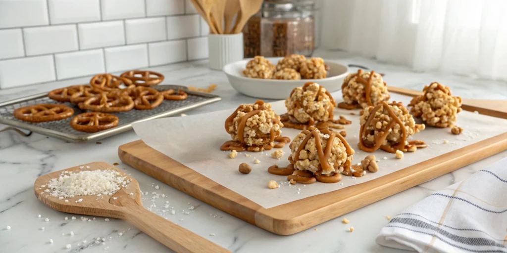 Sweet and salty popcorn and pretzel clusters cooling on a sheet in a white marble kitchen