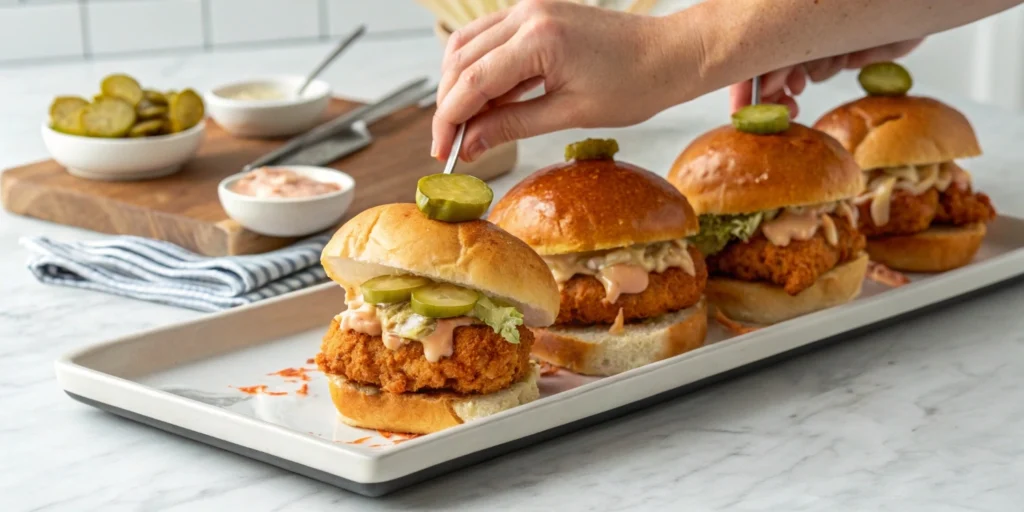 Spicy chicken snack sliders assembled with mini buns, pickles, and sauce on a white plate