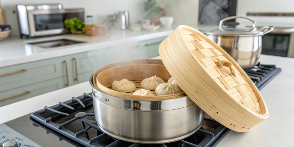 Soup dumplings steaming in a bamboo basket on a stovetop with rising steam in a bright modern kitchen.