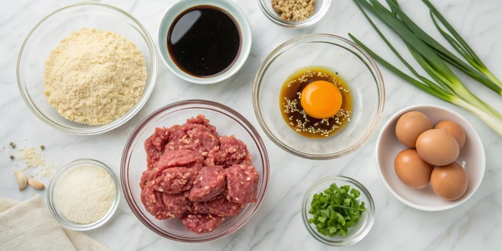Ingredients for Korean BBQ meatballs prepared on a marble countertop in small bowls with cooking tools nearby.