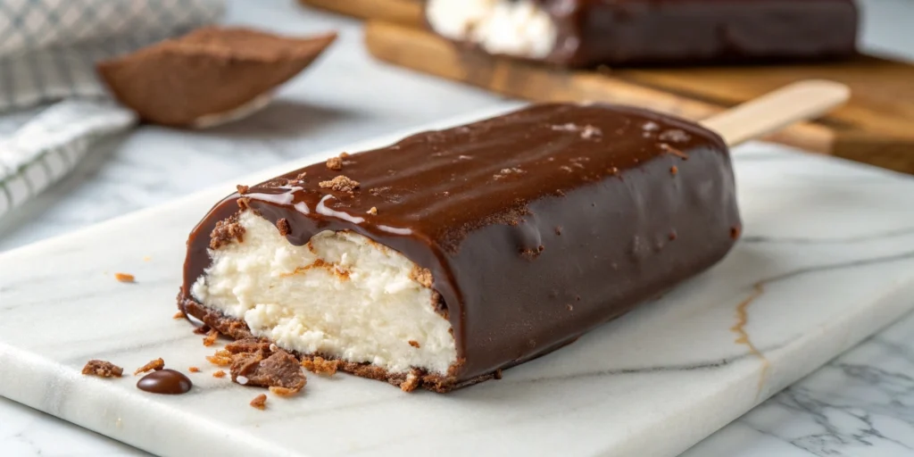 Close-up of a Magnum ice cream bar with a glossy chocolate glaze and creamy center on a white marble countertop.