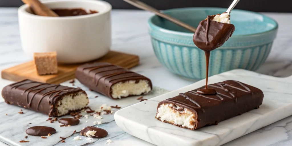 Healthy Magnum bars being dipped in melted dark chocolate on a white marble countertop.