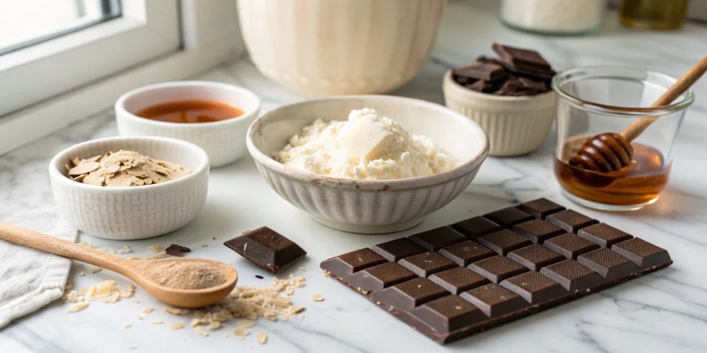 Ingredients for healthy Magnum bars laid out on a white marble countertop: coconut cream, maple syrup, and dark chocolate.