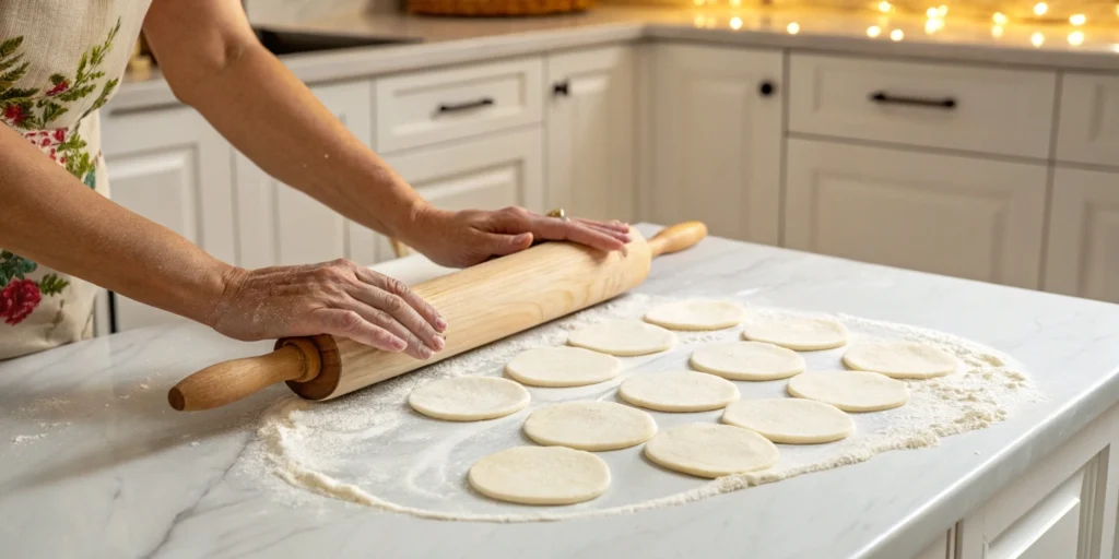 Homemade dumpling wrappers being rolled into 3-inch rounds on a floured marble kitchen counter.