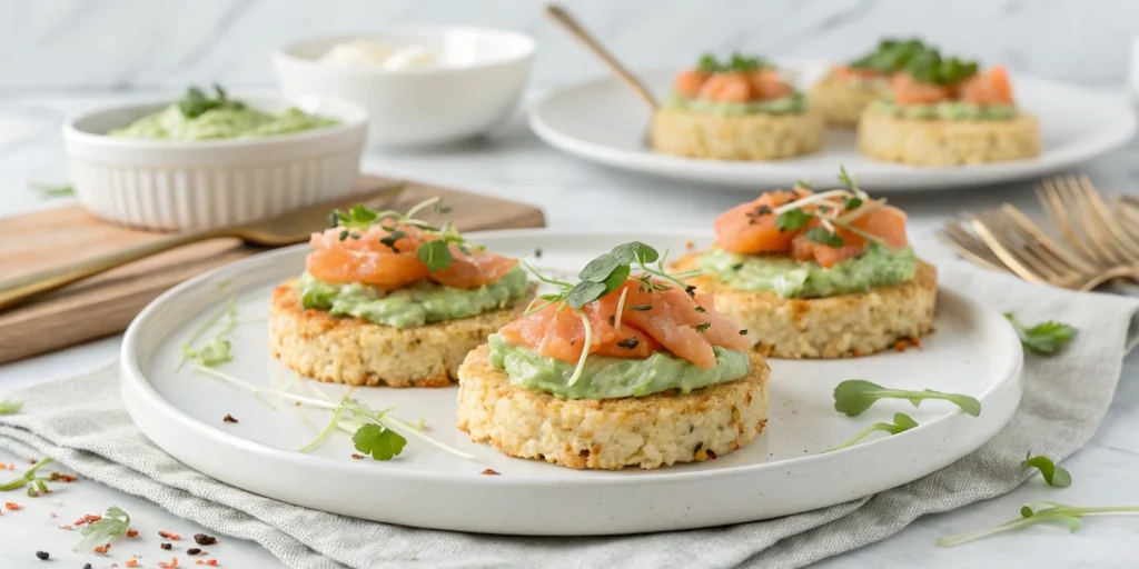 Assembling avocado-yogurt salmon crispy rice with crispy rice bases topped with creamy avocado blend, salmon, and microgreens.