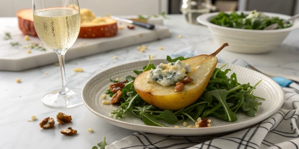 Elegant appetizer of blue cheese pear on arugula salad with sparkling wine in a modern kitchen setting